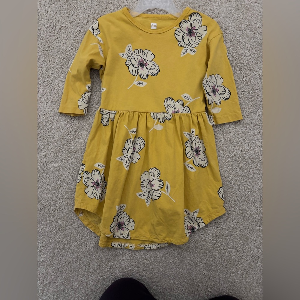 Girls tea collection yellow floral high low long sleeve dress size 3